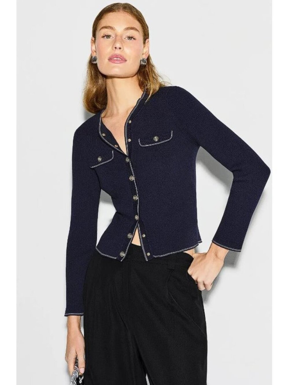 MAJE Women's Mirolisa Contrast Stitching Cardigan Size 2 in Navy